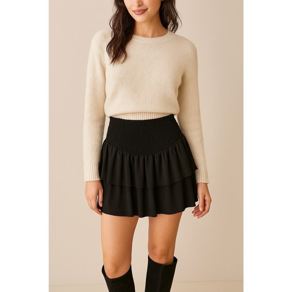 GeeGee‎ Black Smocked Tiered Mini Skirt Faux Suede Sz S Cowgirl Aesthetic